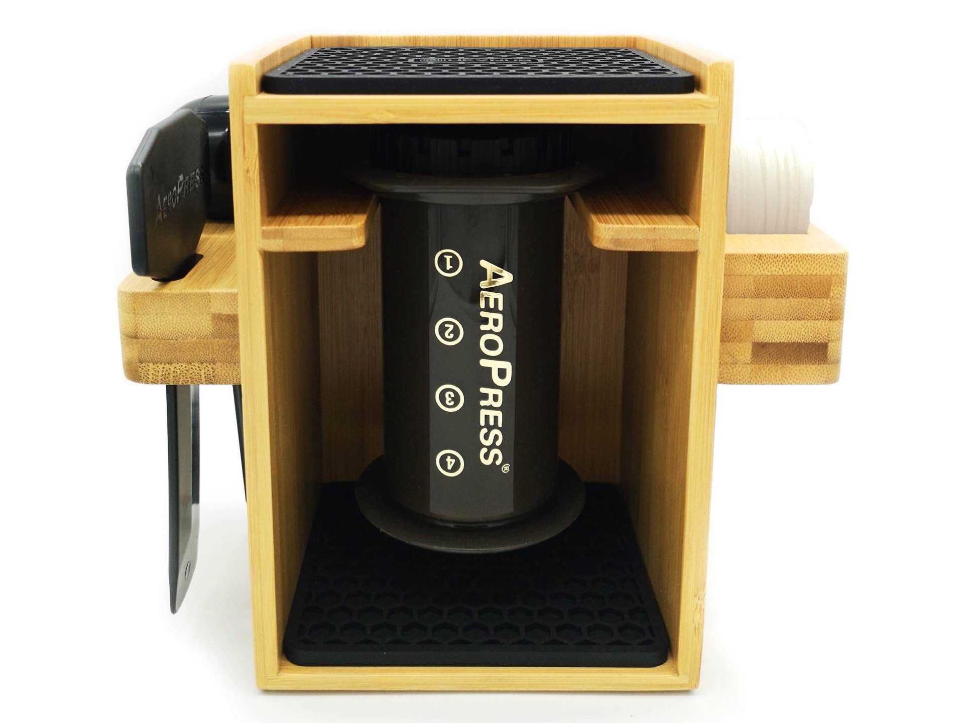 Hexnub's compact AeroPress organizer/stand/caddy, made from bamboo. ($32)