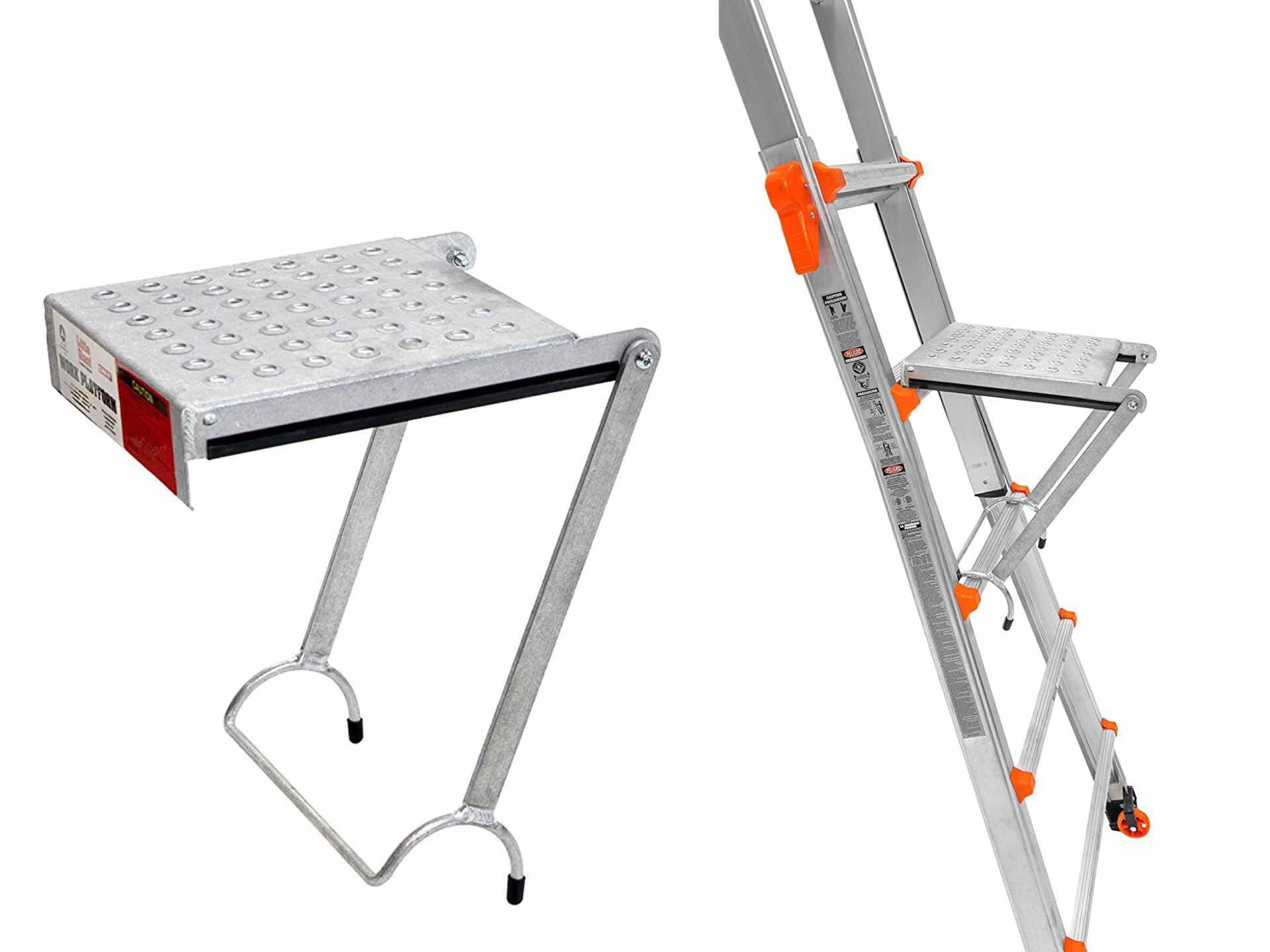 The optional work platform accessory ($33) can be added at any height and gives you a place to set down paint cans and tools, and even as a place to stand while you work without having to lean against the ladder itself.