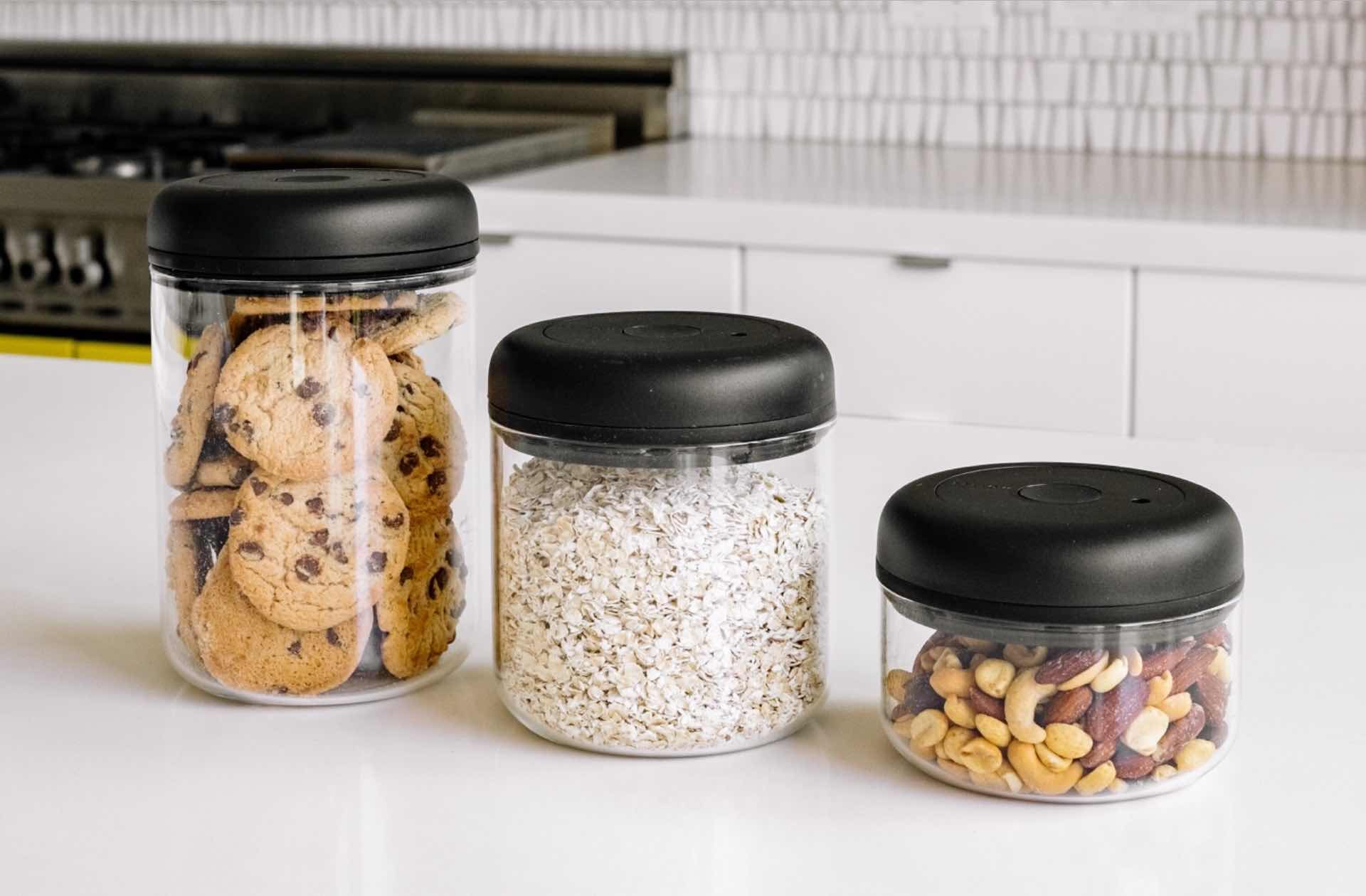 Fellow “Atmos” vacuum food storage canisters. ($25–$35 per container, depending on size and color; available in matte black and clear glass)