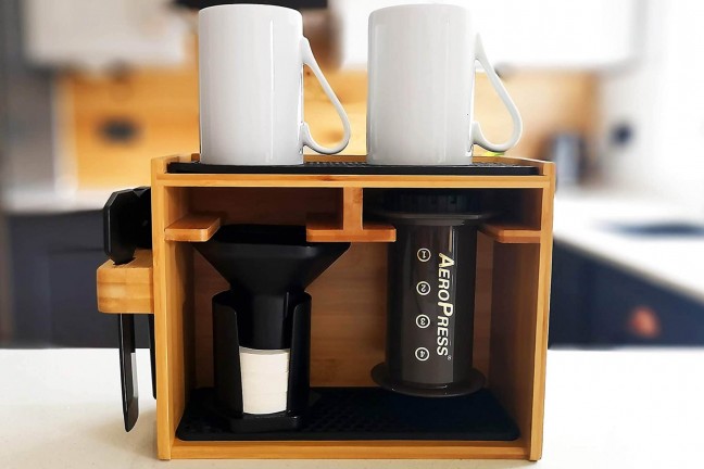 Hexnub bamboo organizer stand for the AeroPress. ($33)