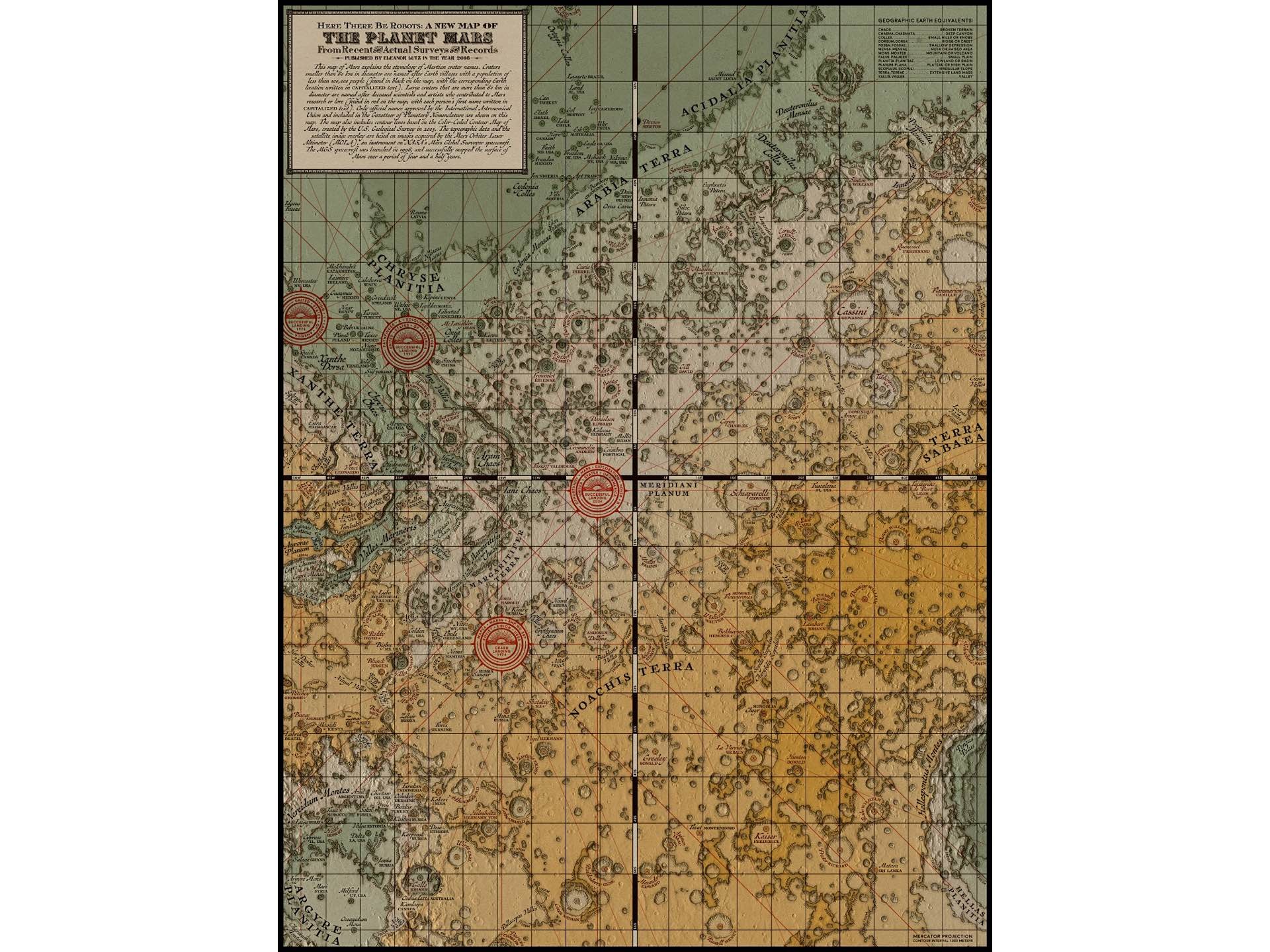 Eleanor Lutz's "Here There Be Robots" Victorian map of Mars. (Prices vary, based on product type)