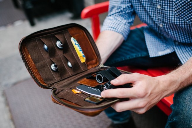 A small, Italian-leather folio designed to hold and protect small photography accessories.